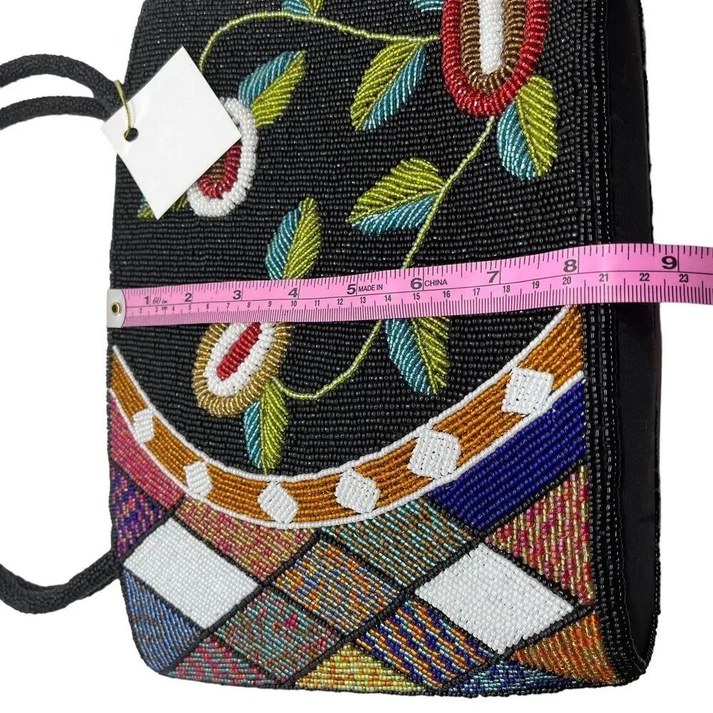 Beaded Purse Satchel Handbag Vintage Floral New with Tags Black Multicolor Retro
